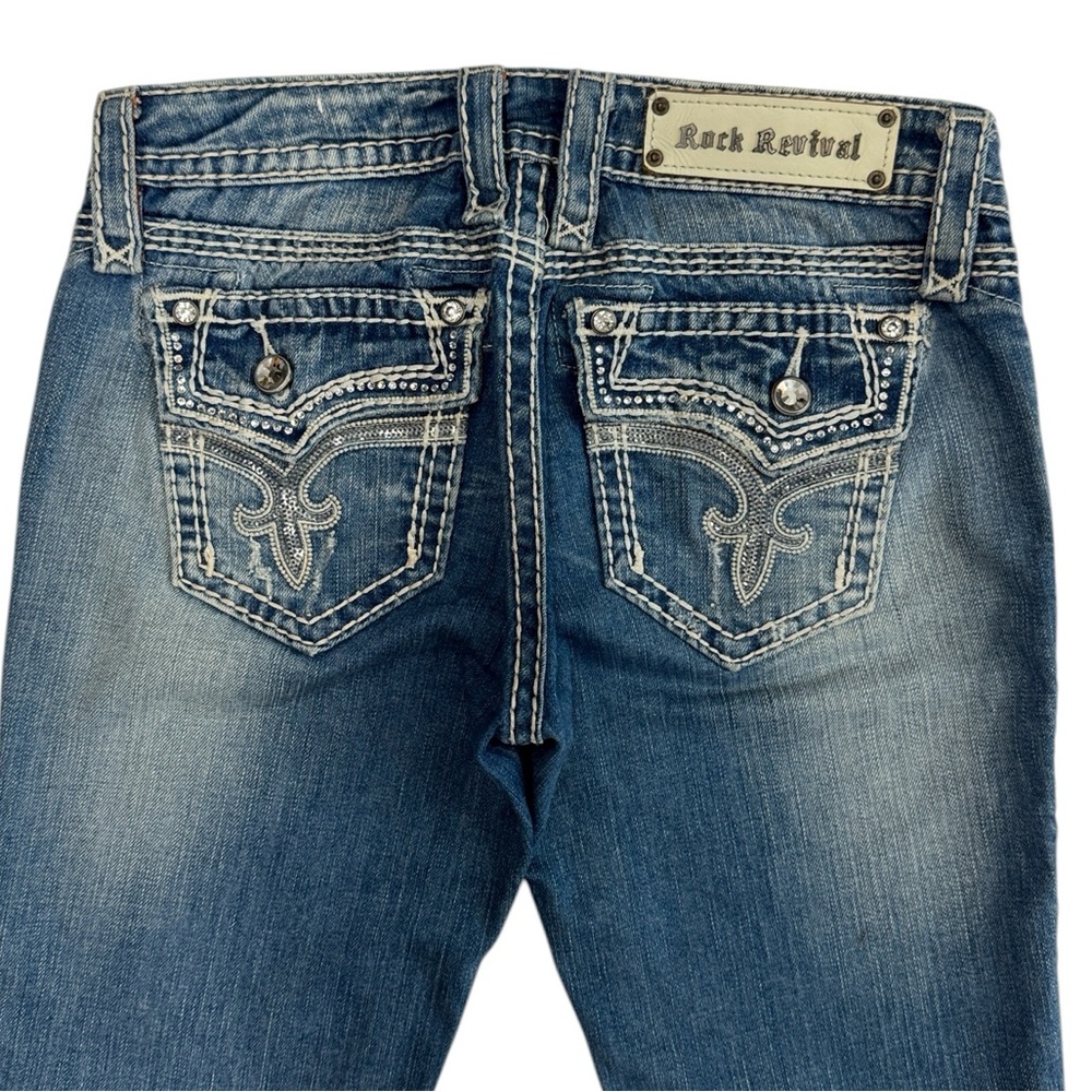 Rock Revival Kai Capri Distressed Low-Rise Rhinestone Embellished Denim Jeans 26 - Picture 6 of 16
